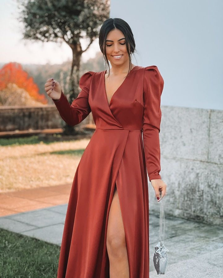 Regina Wrap Style Slit Satin Dress